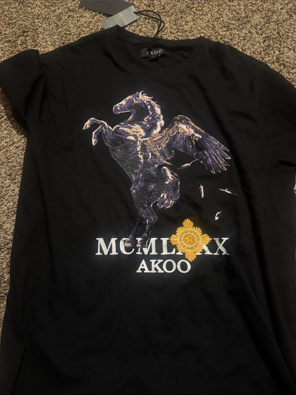AKOO Black Tee with Pegasus and Gold Emblem